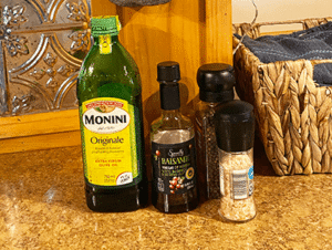 Extra virgin olive oil. Himilayian Salt and other necessities.