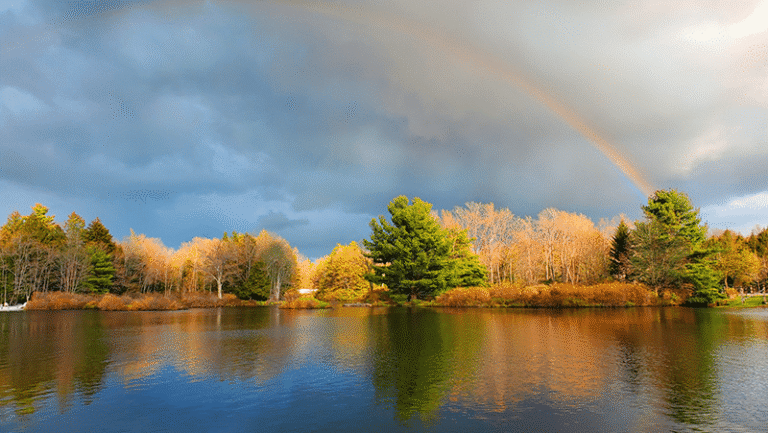 fall foliage and rainbow on lake naomi